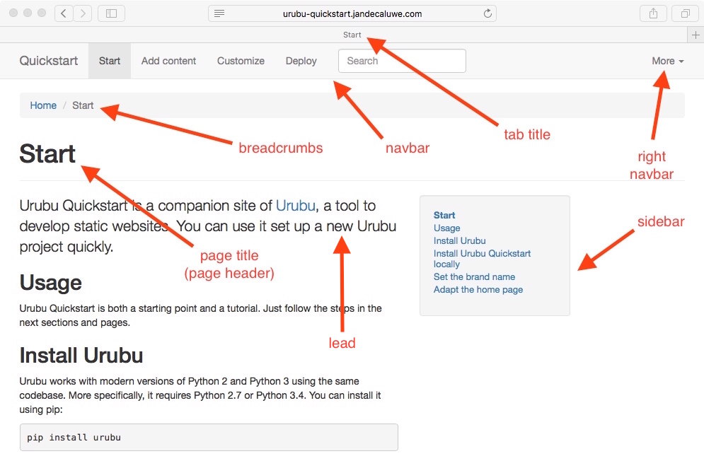 Start page of Urubu Quickstart